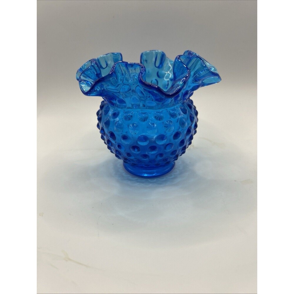 Vintage Fenton Hobnail Colonial Blue Art Glass Ruffled 4.25" Vase Bowl